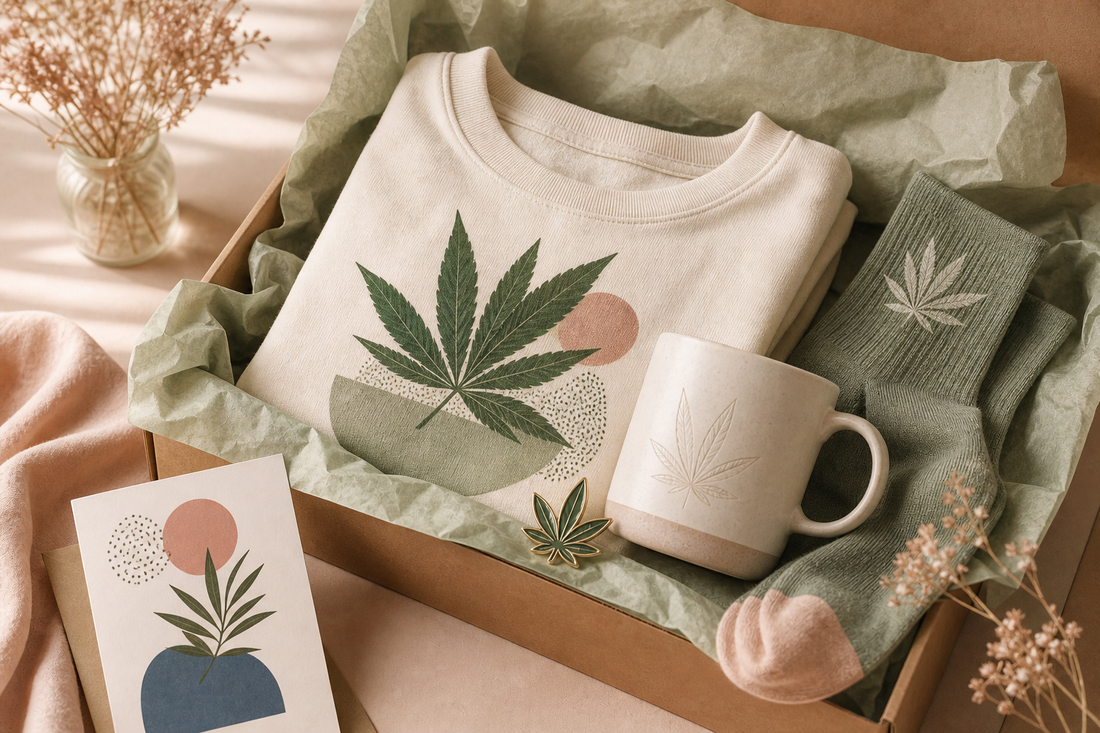 Canna-mom gift box with a sweatshirt, mug, socks, pin, card, and dried flowers