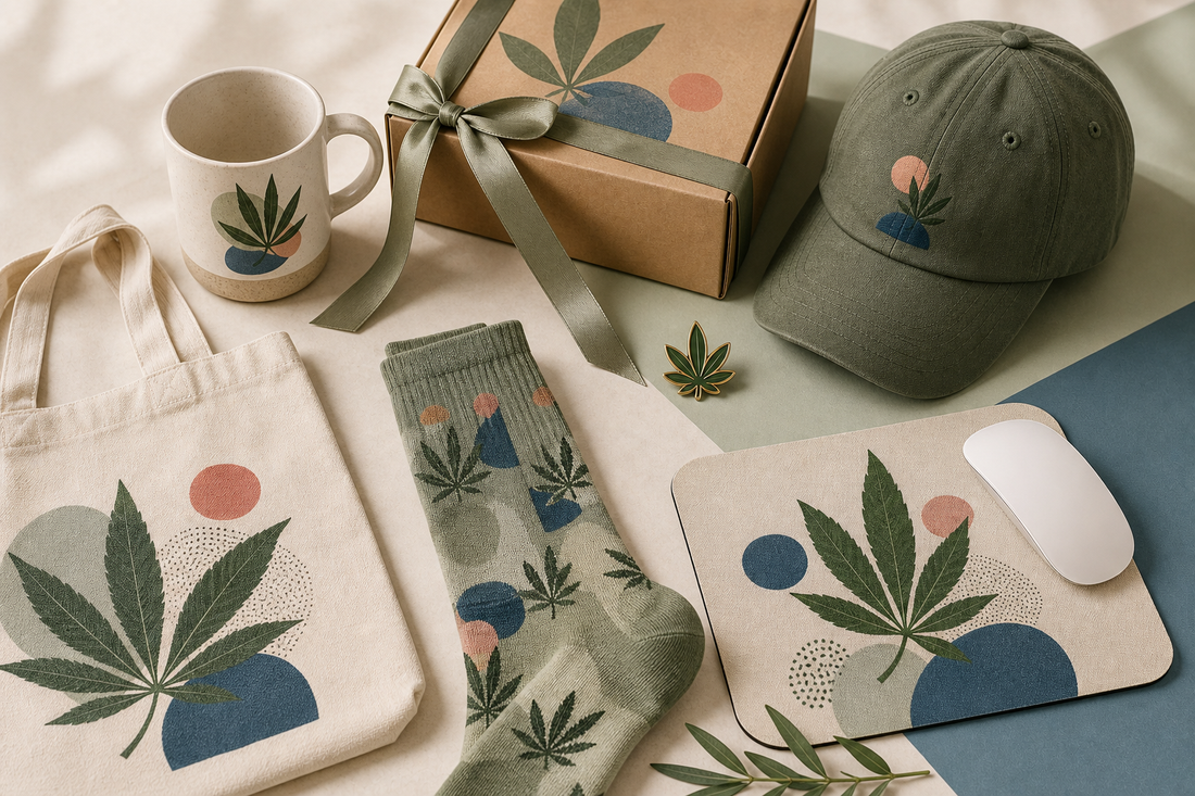 Cannabis accessories including a mug, cap, gift box, tote, socks, mouse pad, card, and pin