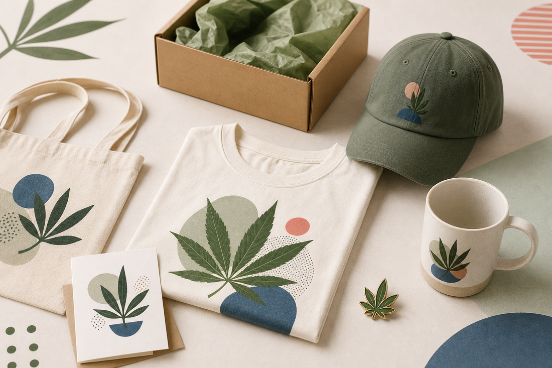 Cannabis gifts under $50 including a shirt, tote, cap, mug, pin, card, and gift box