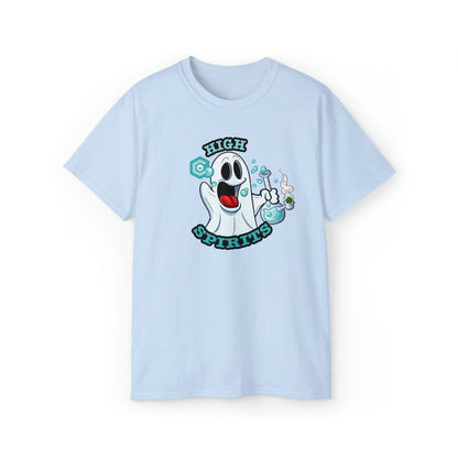 Light blue High Spirits Ghost with Bong Weed shirt, perfect for paranormal clothing enthusiasts.