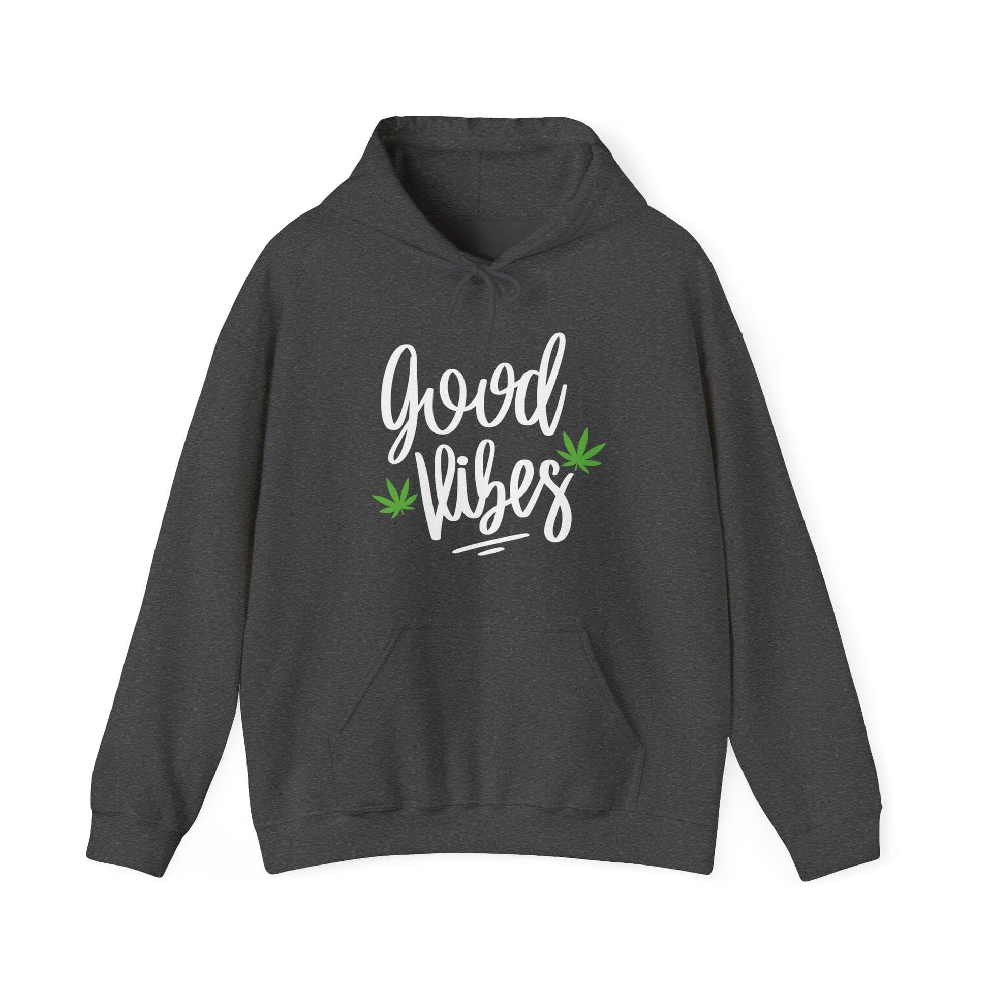 Stay chill in the Good Vibes Marijuana Leaf Hoodie, featuring white script and bold cannabis leaf accents—perfect for sharing good energy wherever you go.
