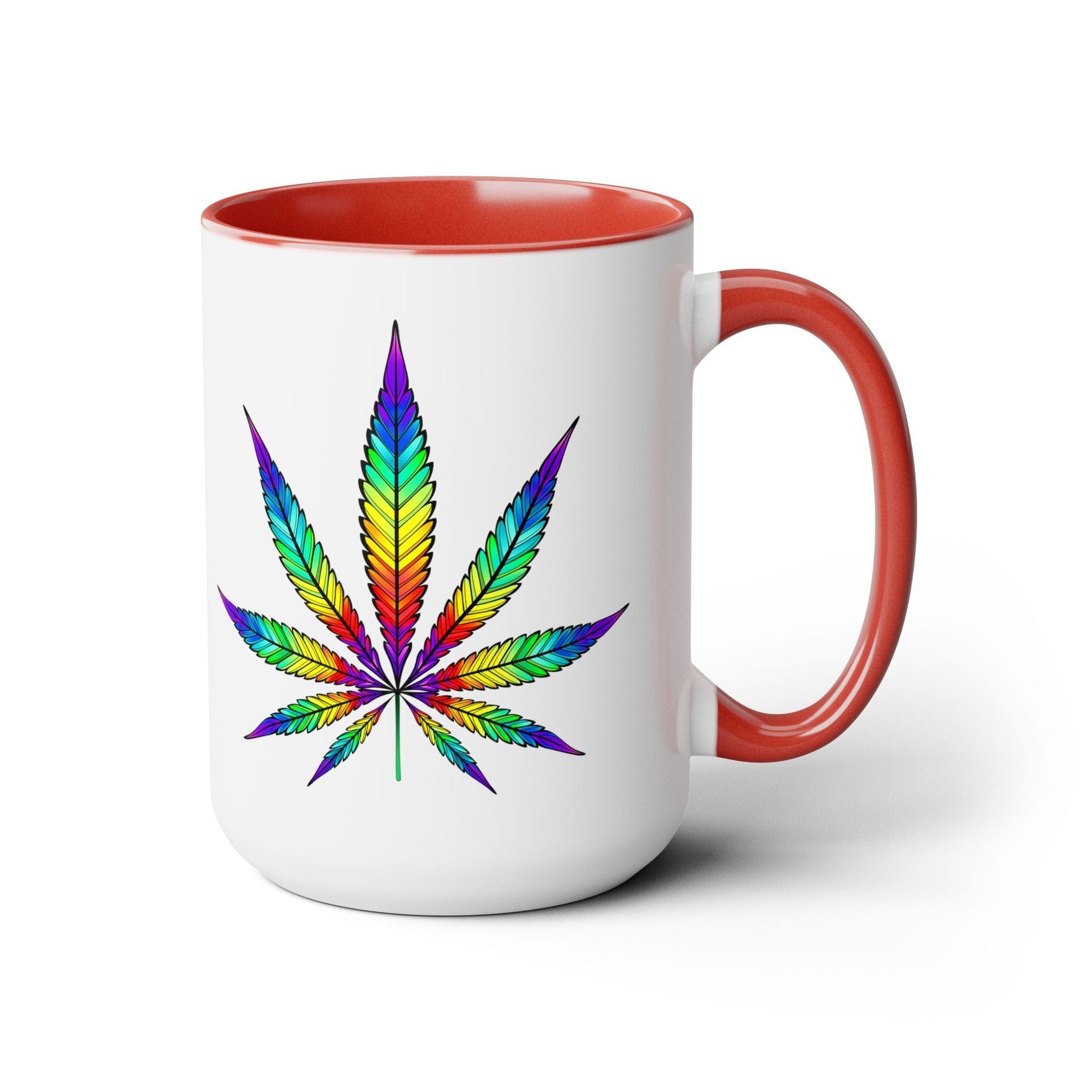 The Vibrant Rainbow Cannabis Mug is a ceramic mug featuring a white exterior and a red interior and handle