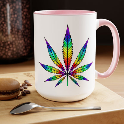 The Vibrant Rainbow Cannabis Mug, a 15oz white mug with a pink interior 