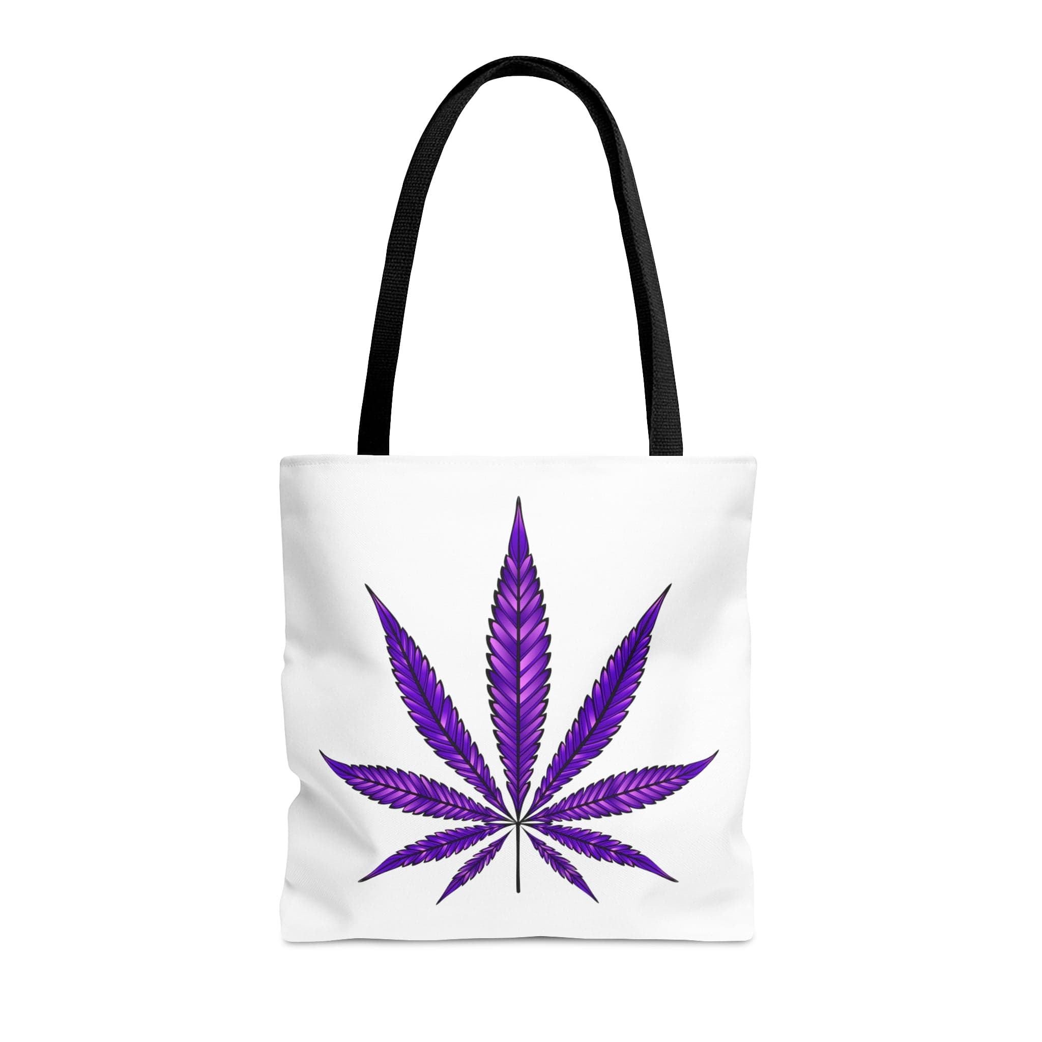 Purple Haze marijuana tote bag with black handles and central purple cannabis leaf design.