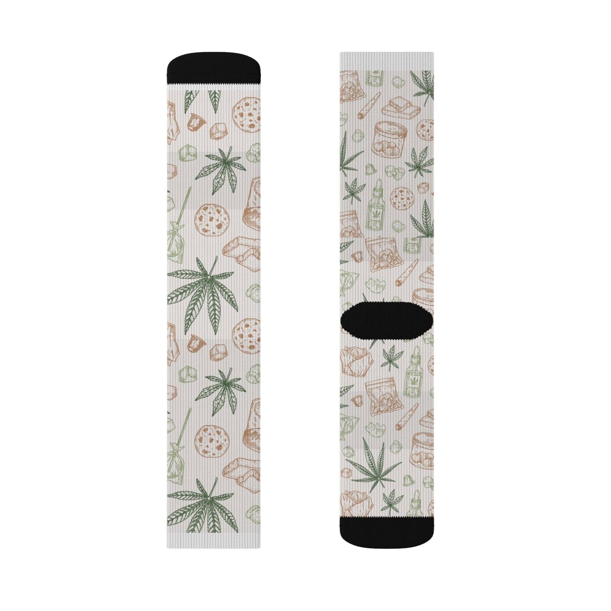 Retro Weed Socks showcase playful weed leaf, pizza, and cheeseburger patterns on a white background with black toes and heels—making them a fun and quirky 420 gift.