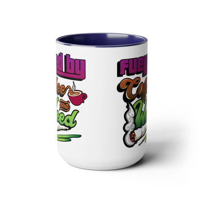 The "Fueled by Coffee and Weed 15oz Coffee Mug" is a white ceramic mug with colorful text, coffee cup and joint illustrations, and the visible phrase "Fueled by Coffee and Weed." Available in a large 15oz size.