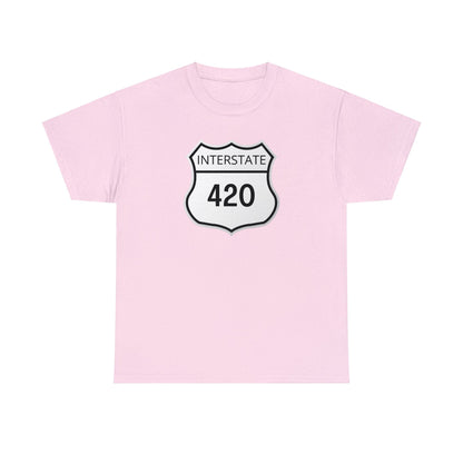 The Interstate 420 Shirt Tee features a pink design 