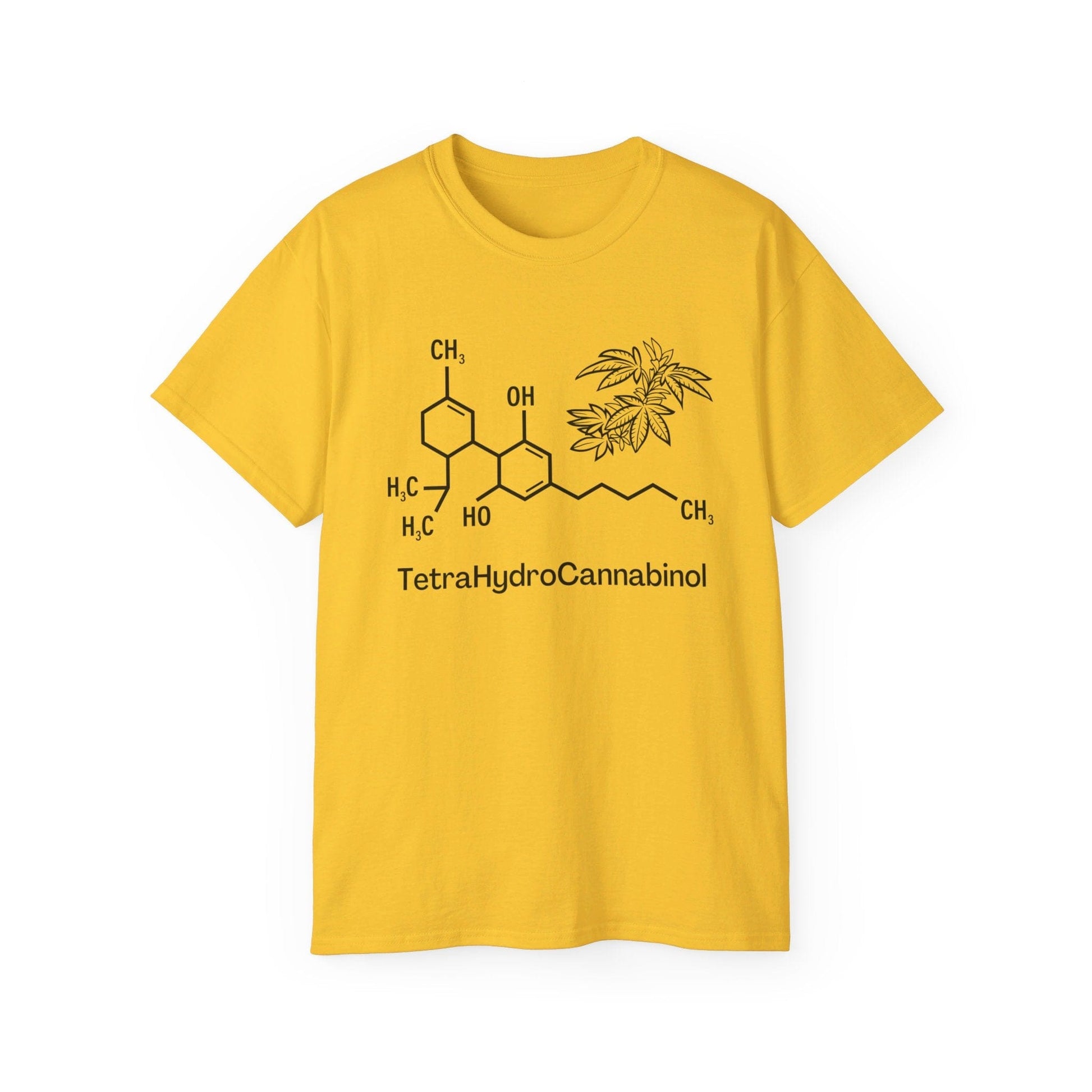 The Tetrahydrocannabinol (THC) Molecule Weed Shirt is a yellow T-shirt 