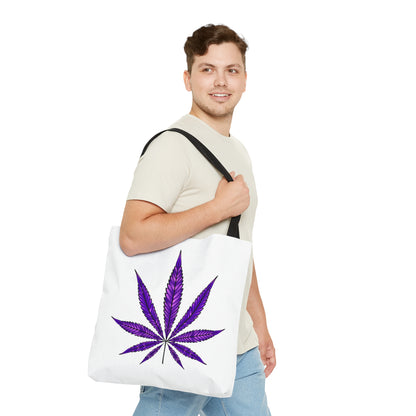 A person with short hair, wearing a light-colored shirt and blue jeans, carries a durable and spacious Purple Haze Marijuana Tote Bag featuring a large purple cannabis leaf design.