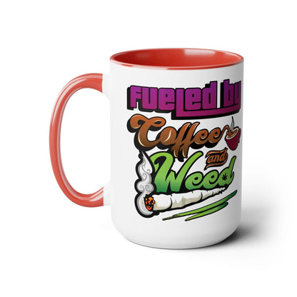 The Fueled by Coffee and Weed 15oz Coffee Mug features a red handle, red interior, playful coffee cup and joint illustrations, plus bold "Fueled by Coffee and Weed" text—a fun, unique ceramic mug for your daily brew.