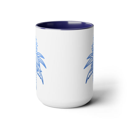 White ceramic Blue Dream Cannabis Coffee Mug with a blue interior and a Blue Dream feather design on the exterior.