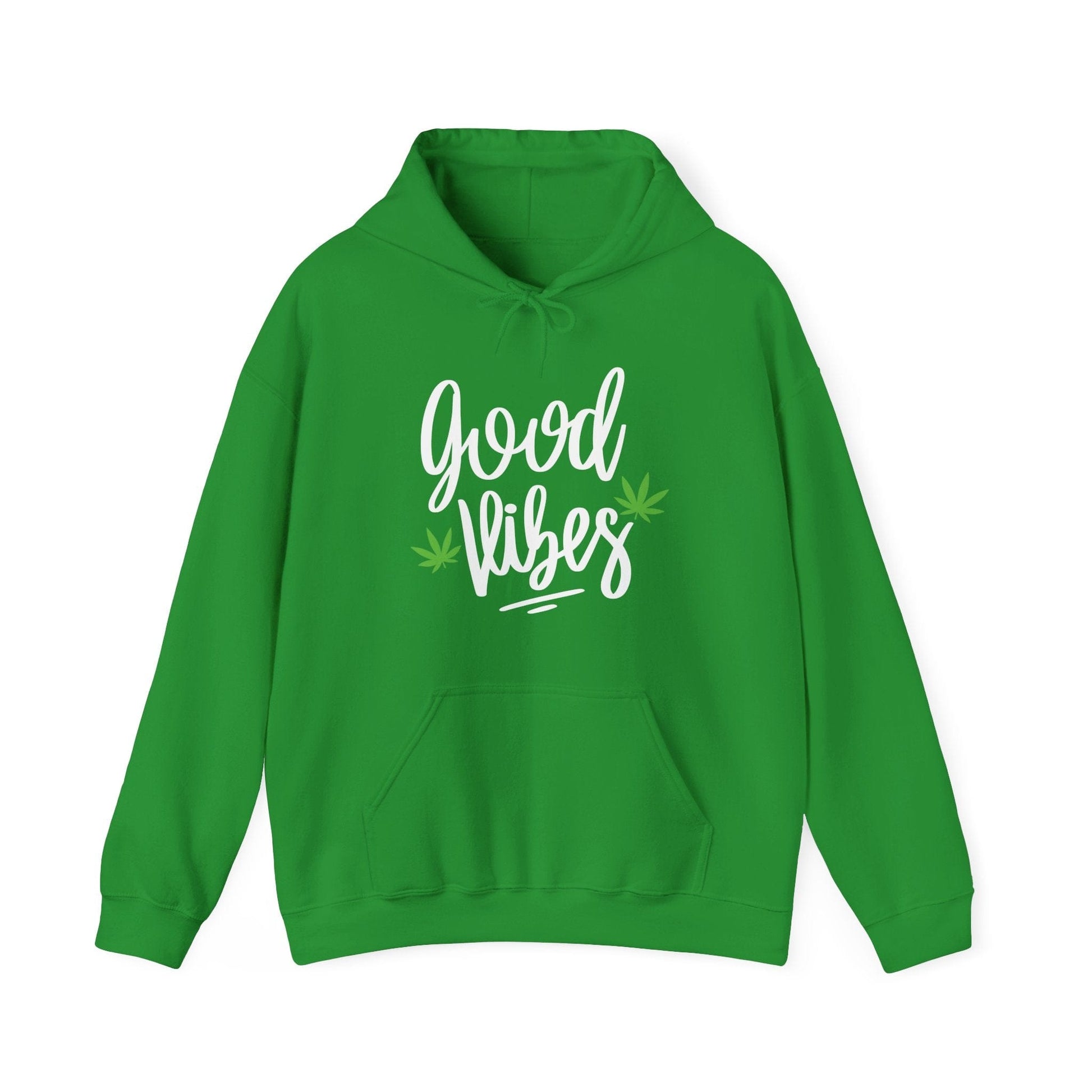 The Good Vibes Marijuana Leaf Hoodie is a cozy green essential featuring "good vibes" in white cursive and two small cannabis leaf accents beside the text.