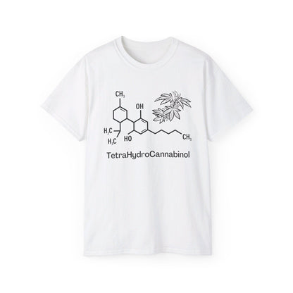 Tetrahydrocannabinol (THC) Molecule Weed Shirt featuring the chemical structure of tetrahydrocannabinol (THC) and a cannabis leaf illustration