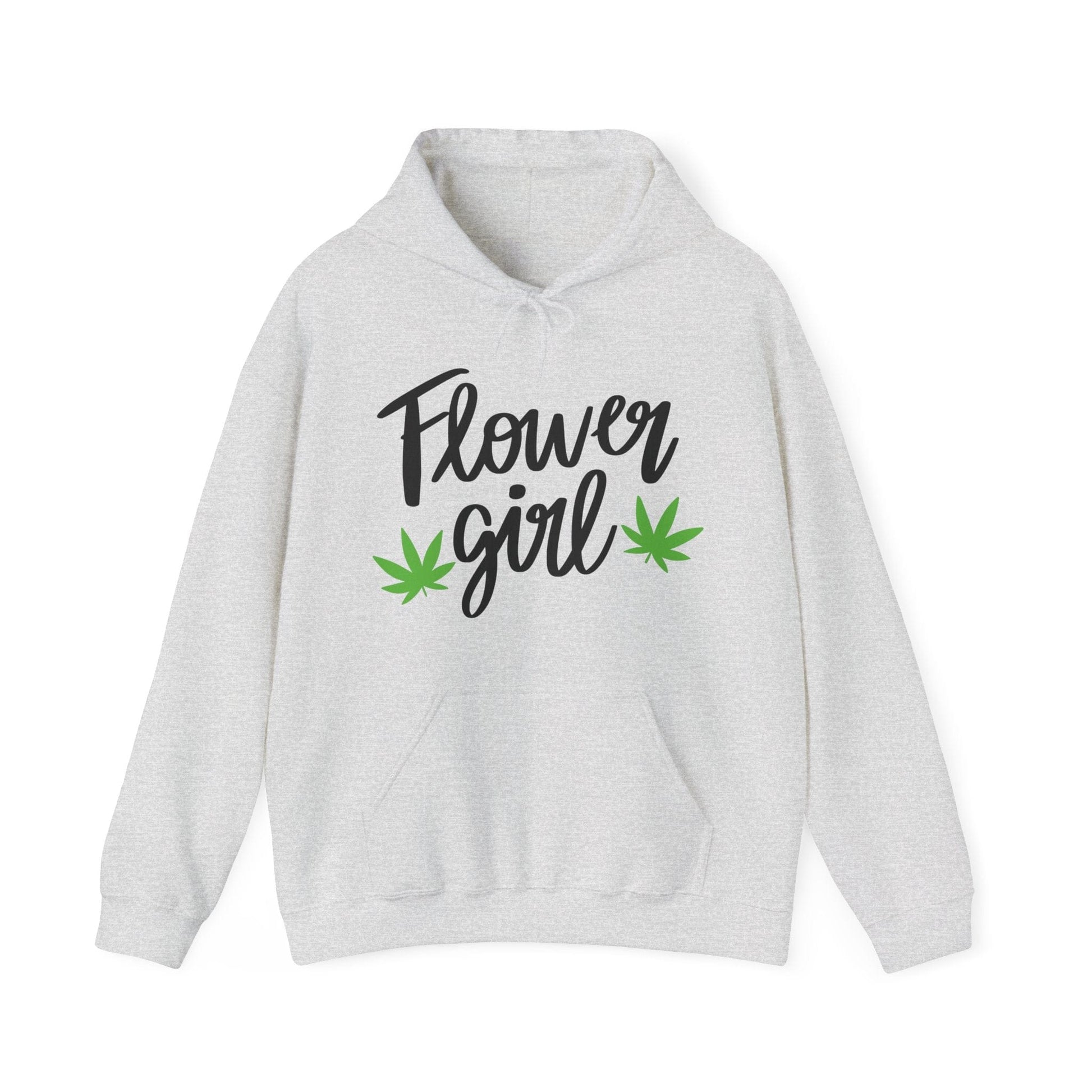 Show your canna pride in the Flower Girl Pot Leaf Hoodie—a light gray, ultra-soft hoodie with "Flower Girl" in bold black text and two green cannabis leaves underneath.