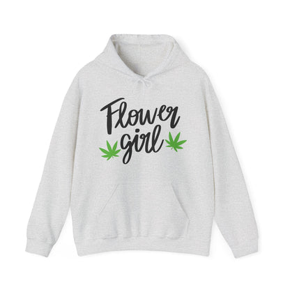 Show your canna pride in the Flower Girl Pot Leaf Hoodie—a light gray, ultra-soft hoodie with "Flower Girl" in bold black text and two green cannabis leaves underneath.
