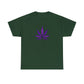 Vibrant color plain green Purple Cannabis Leaf Tee with a purple cannabis leaf graphic on the front, reflecting marijuana culture.