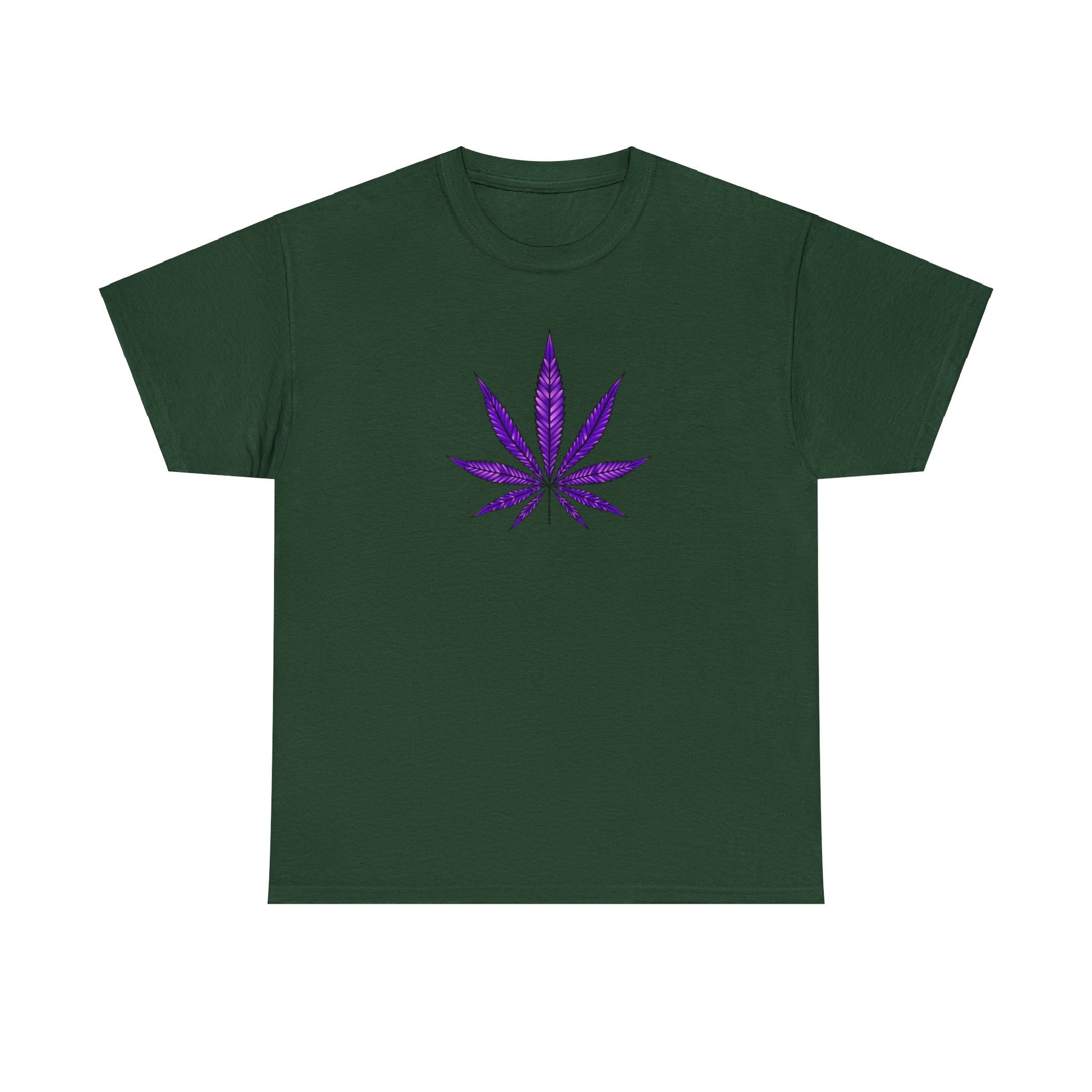 Vibrant color plain green Purple Cannabis Leaf Tee with a purple cannabis leaf graphic on the front, reflecting marijuana culture.