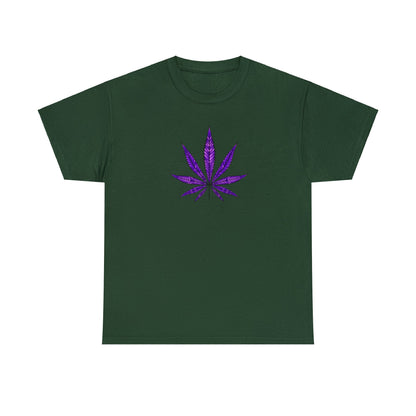 Vibrant color plain green Purple Cannabis Leaf Tee with a purple cannabis leaf graphic on the front, reflecting marijuana culture.