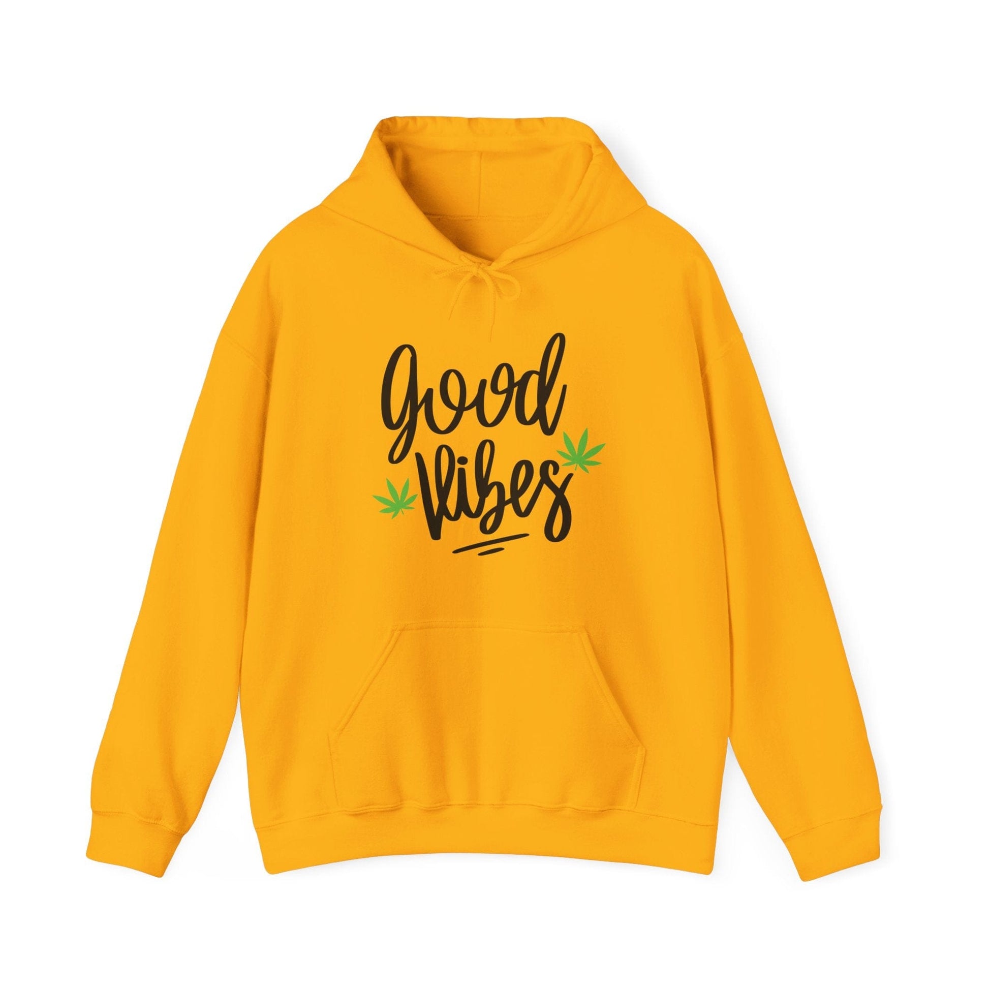 The Good Vibes Marijuana Leaf Hoodie is a cozy essential featuring "good vibes" in black script and two small cannabis leaf accents on the front.