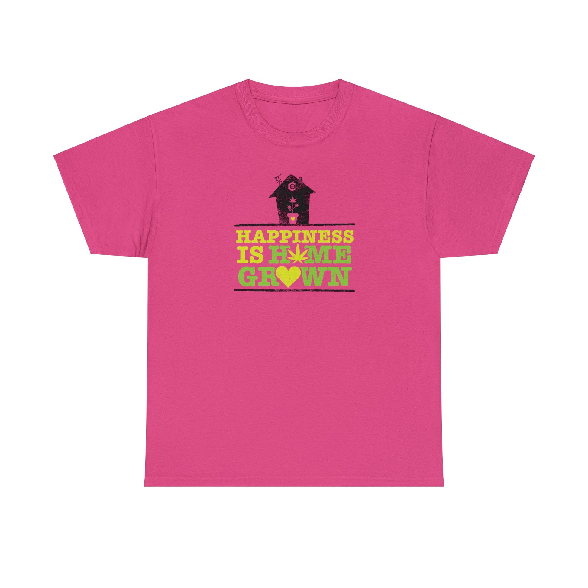 A Happiness Is Homegrown Pot shirt featuring an image of a heart and a house design.