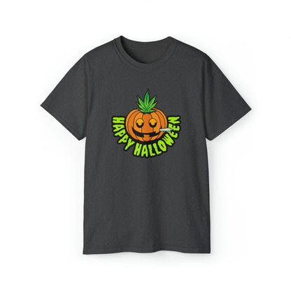 Dark Heather Happy Halloween Pumpkin Stoner Weed Shirt