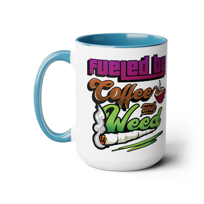 The Fueled by Coffee and Weed 15oz Coffee Mug is a white and blue ceramic mug featuring "Fueled by Coffee and Weed" with coffee cup and joint graphics—perfect for enjoying your morning brew with a chill vibe.