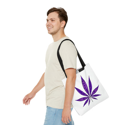 A person in a light beige shirt and blue jeans carries the durable and spacious Purple Haze Marijuana Tote Bag featuring a large purple cannabis leaf design.