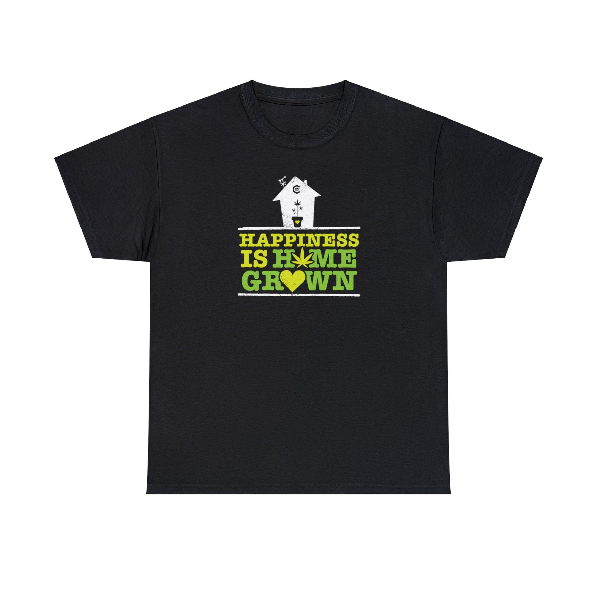 A black Happiness Is Homegrown Pot Shirt with a green and yellow house design.