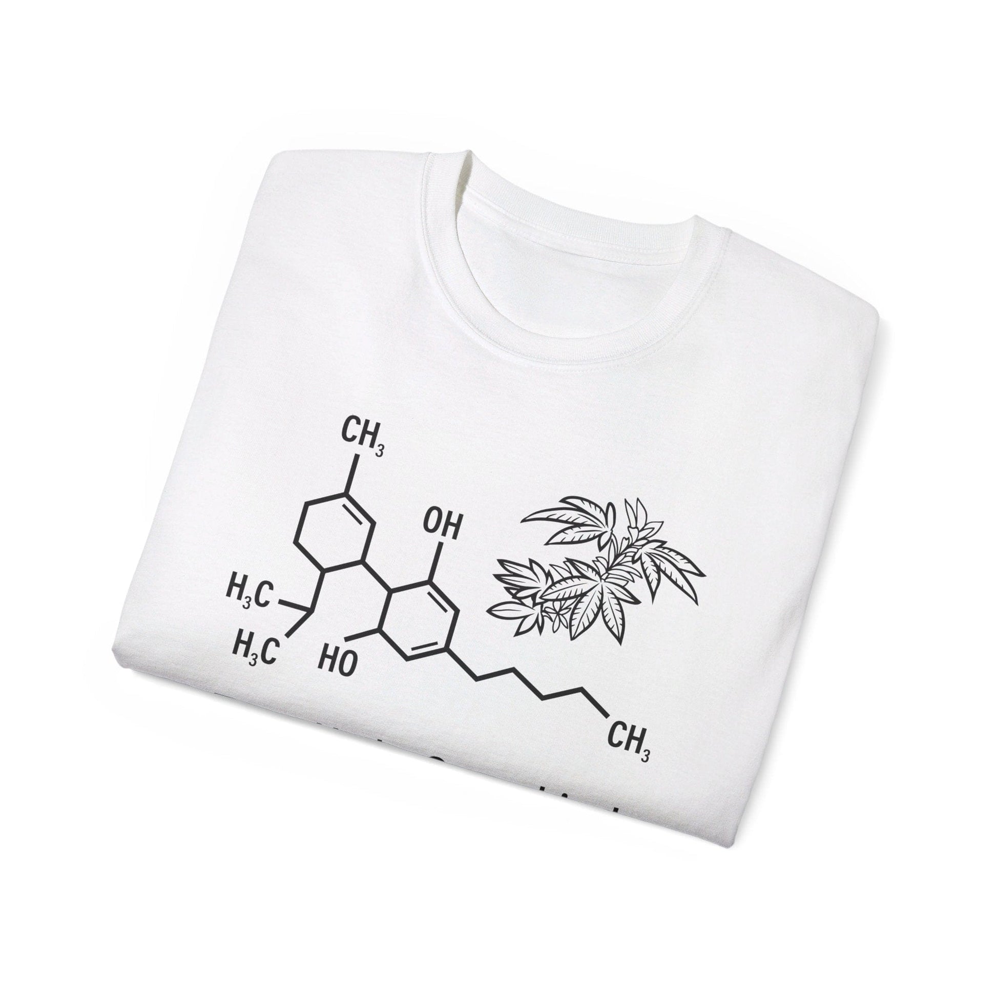 A folded Tetrahydrocannabinol (THC) Molecule Weed Shirt in white