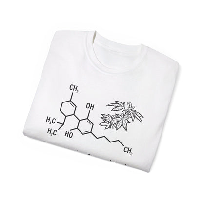 A folded Tetrahydrocannabinol (THC) Molecule Weed Shirt in white