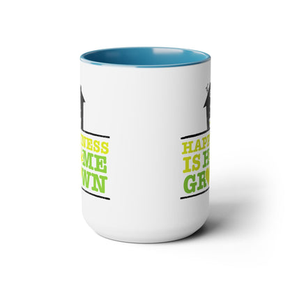 The "Happiness Is Homegrown Weed Coffee Mug," a white ceramic mug with a light blue interior