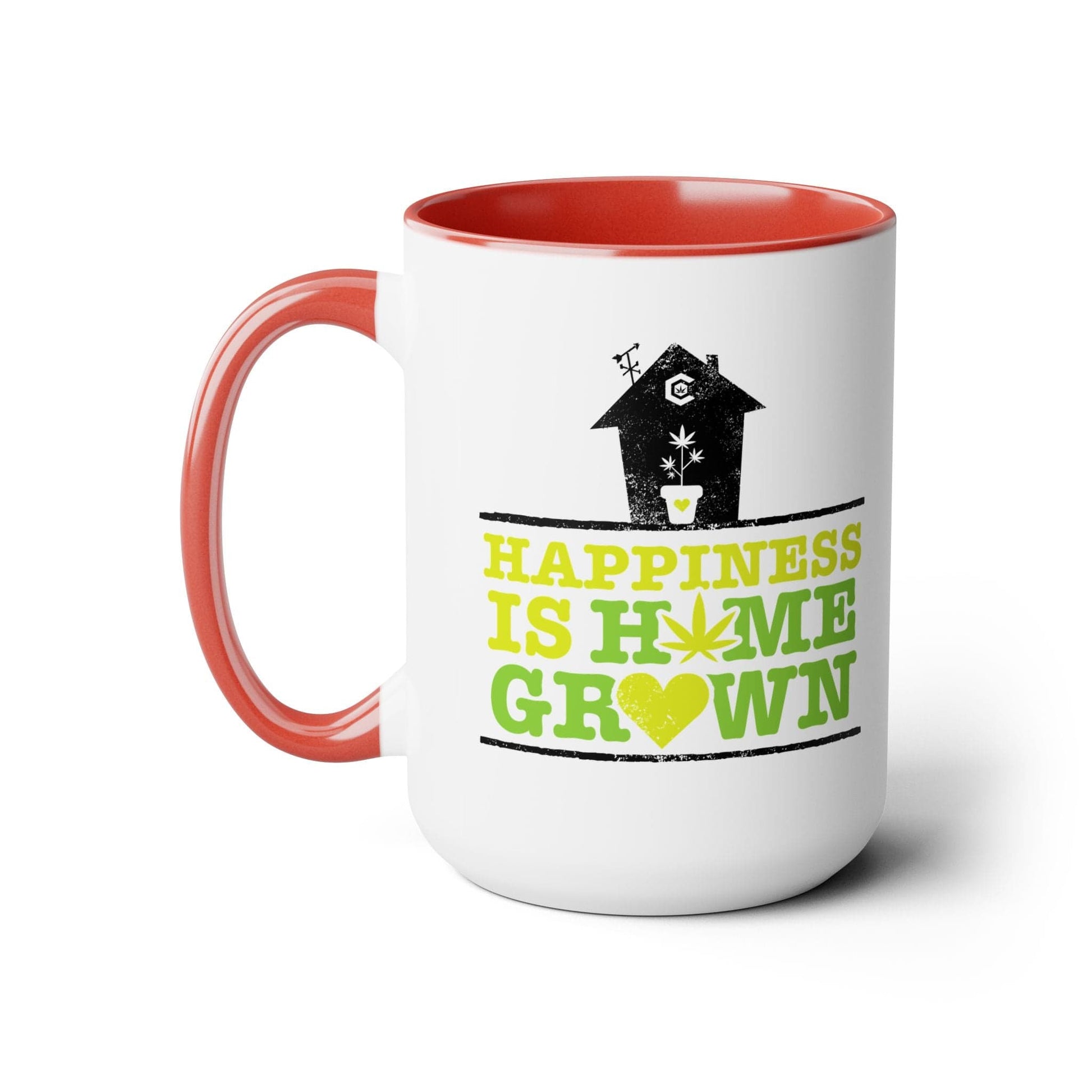 A 15oz "Happiness Is Homegrown Weed Coffee Mug" made of ceramic features a red interior and handle