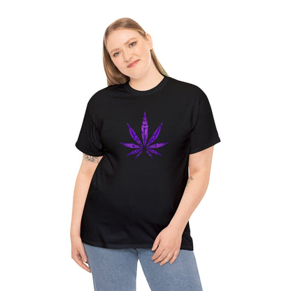 A woman wearing a Purple Cannabis Leaf Tee, showcasing marijuana culture.