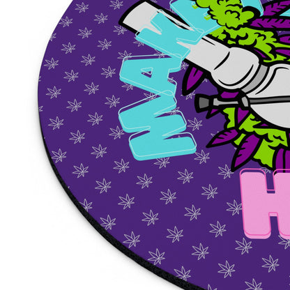 Circular graphic with a Purple Make it Happen Cannabis, Bong, and Lighter Mouse Pad