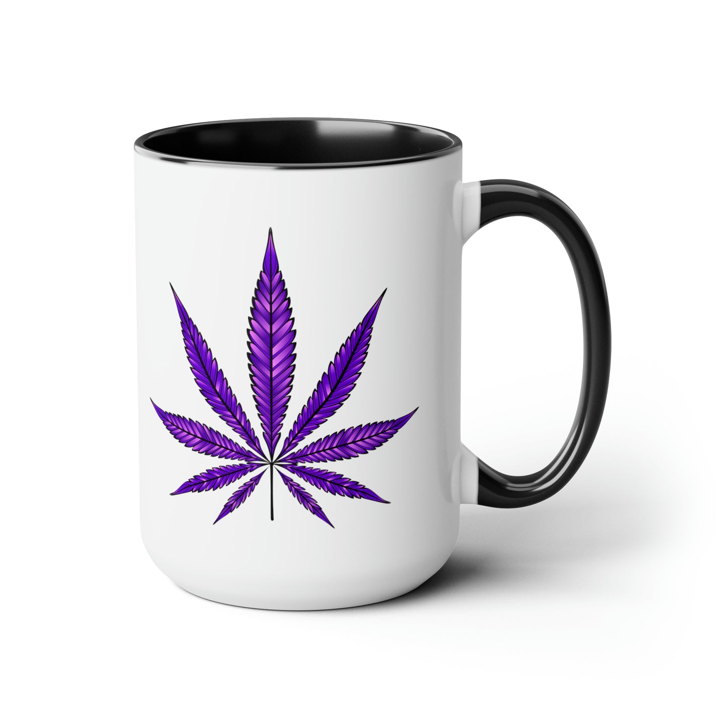 Purple Haze Marijuana Coffee Mug with a black interior and handle, featuring a large Purple Haze Marijuana leaf design on the side.