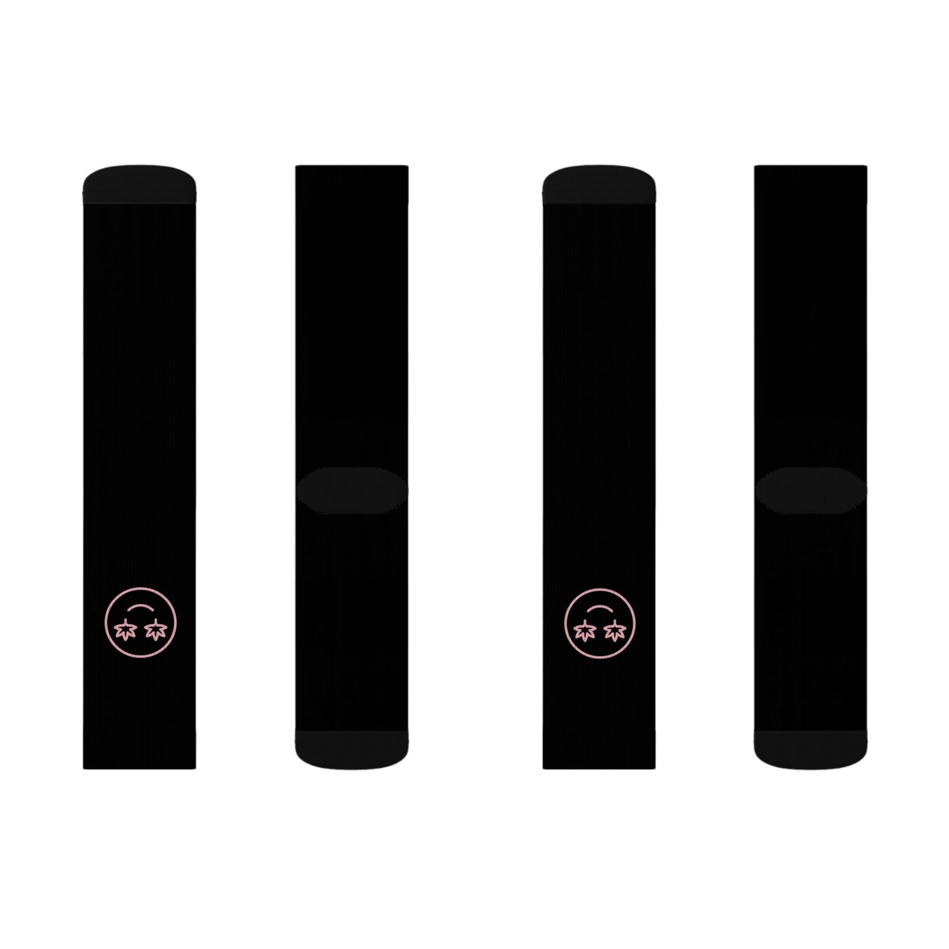 Four High Stepper Weed Socks are displayed vertically; each black crew sock features a simple pink smiley face with star eyes near the toe.