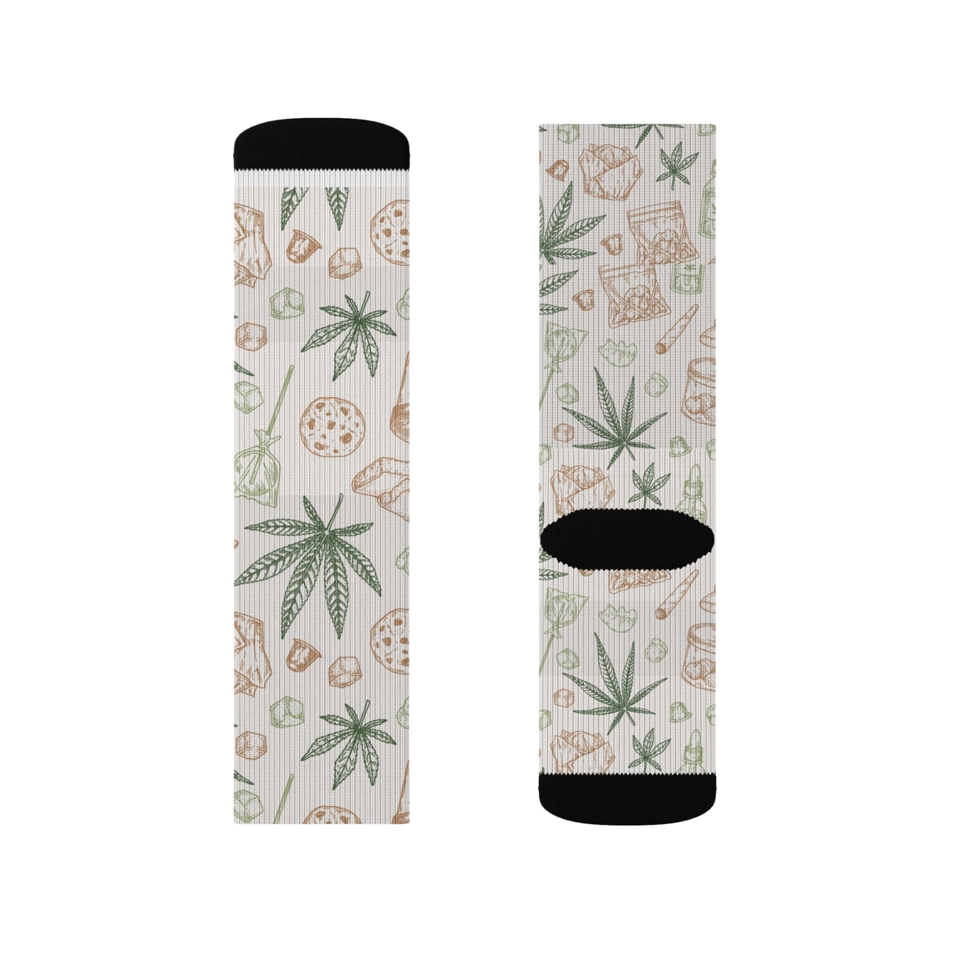 Retro Weed Socks feature white fabric with black toes and cuffs, decorated with green cannabis leaves, pizza slices, and snacks—making them a perfect fun 420 gift.