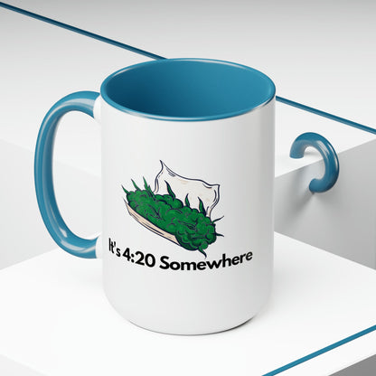 A 15oz coffee mug named "It's 420 Somewhere," featuring a ceramic blue handle