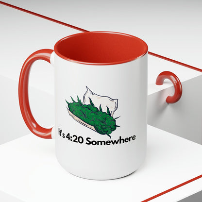 The "It's 420 Somewhere" 15oz coffee mug features a sleek white exterior contrasted by a bright red interior and handle