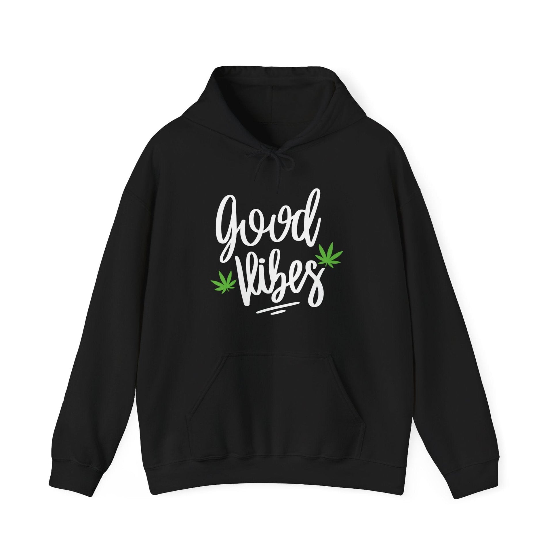 The Good Vibes Marijuana Leaf Hoodie features "good vibes" in white script on the front, accented with two green cannabis leaves—delivering ultra-comfy, relaxed style for any fan.