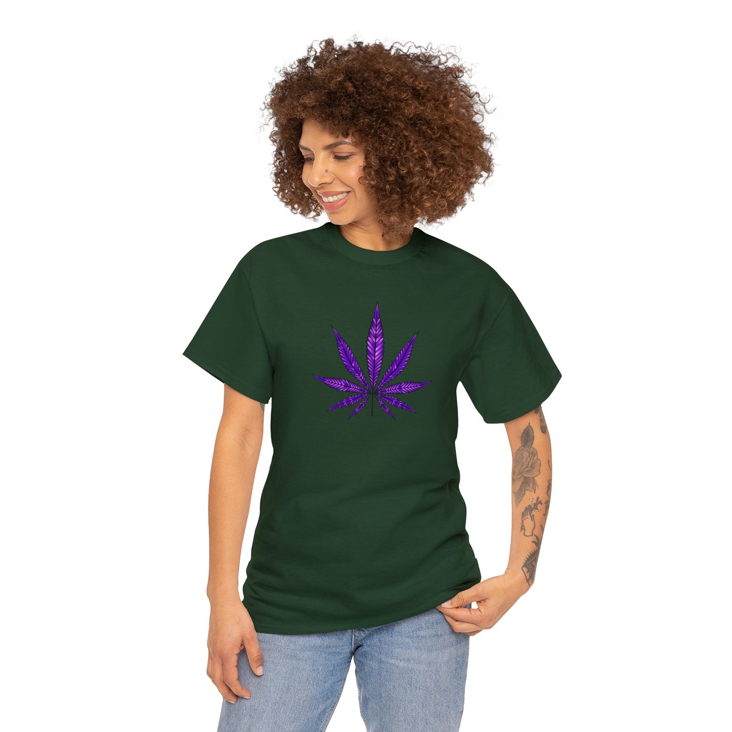 A person is wearing a Purple Cannabis Leaf Tee, celebrating marijuana culture.