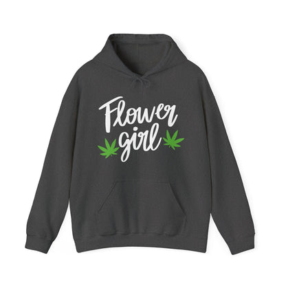 Show your canna pride with the Flower Girl Pot Leaf Hoodie, an ultra-soft hoodie featuring "Flower Girl" in bold white text and two green marijuana leaves below.