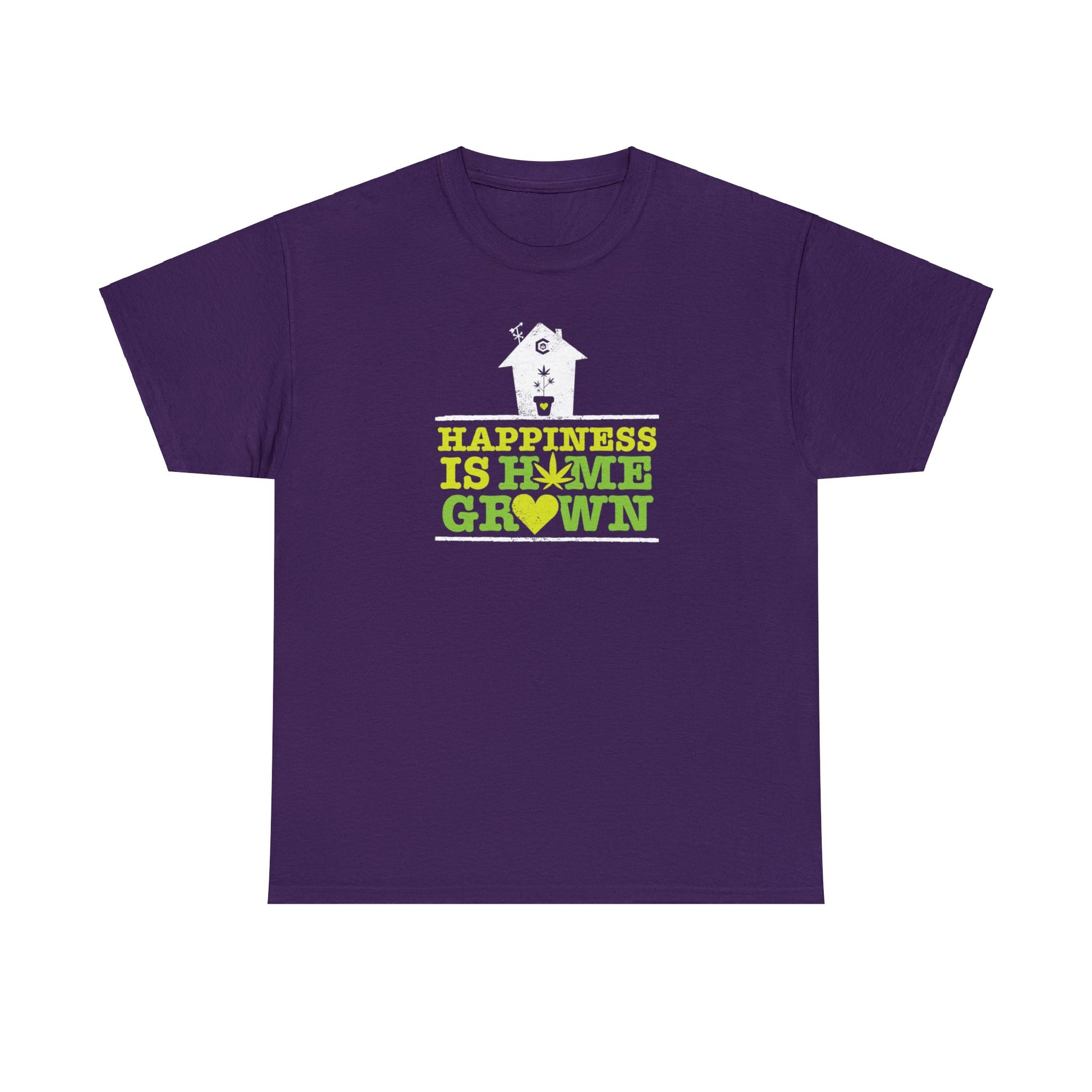 A Happiness Is Homegrown Pot Shirt with a green house and yellow words.