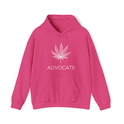 Elegant Advocate Cannabis Leaf Marijuana Hoodie in pink with a white marijuana leaf design and the word "Cannabis Advocate" printed below on a white background.