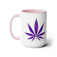 White Purple Haze Marijuana Coffee Mug with pink handle, featuring a Marijuana leaf design on the side, isolated on a white background.