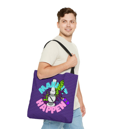 A person with short brown hair Make It Happen Cannabis Tote Bag purple tote with black strap