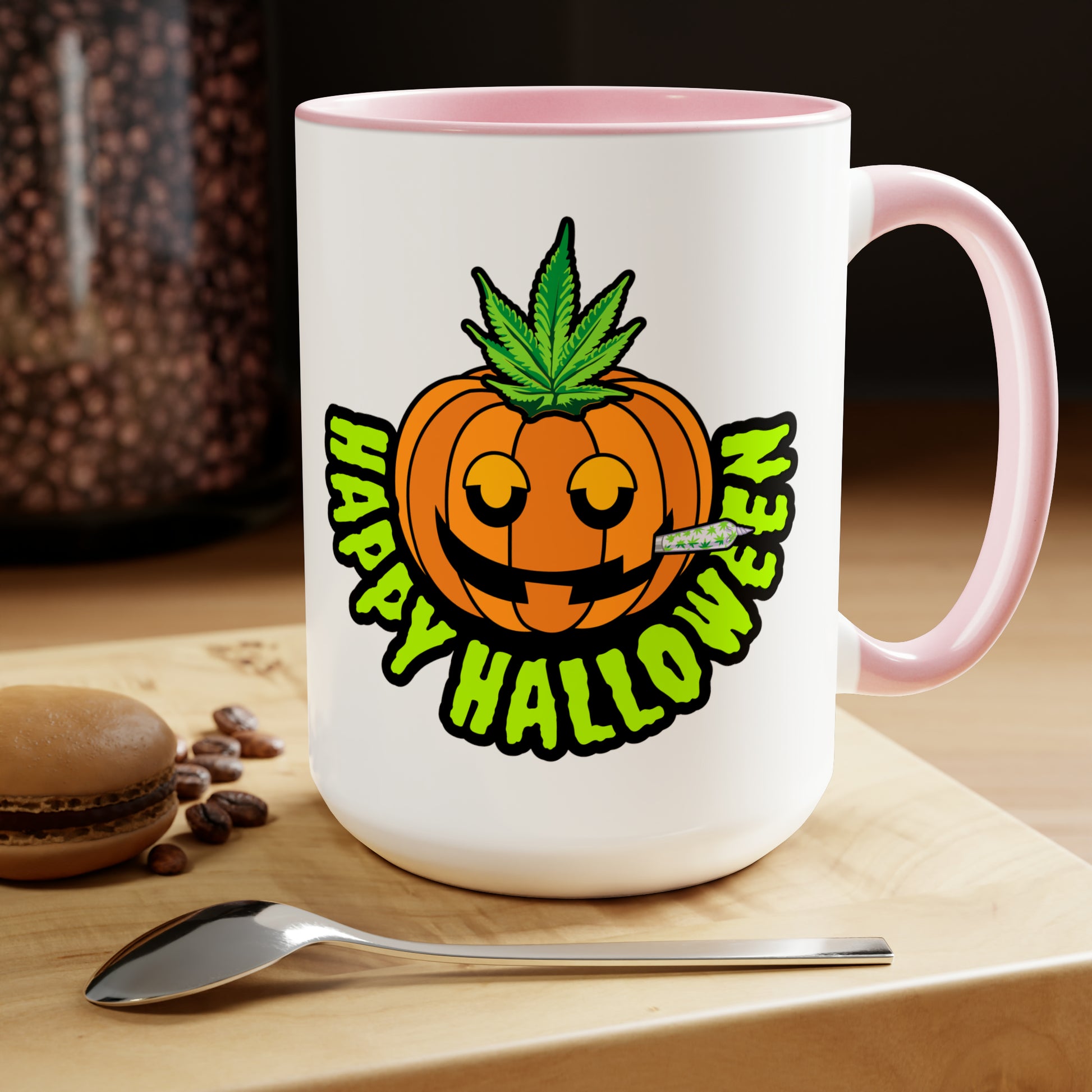 Pink Happy Halloween Pumpkin Stoner 15oz Coffee Mug Mockup