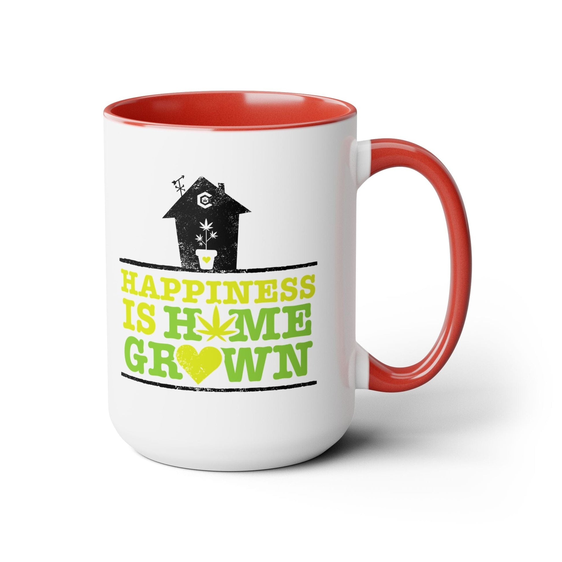 The "Happiness Is Homegrown Weed Coffee Mug" is a white ceramic 15oz mug 