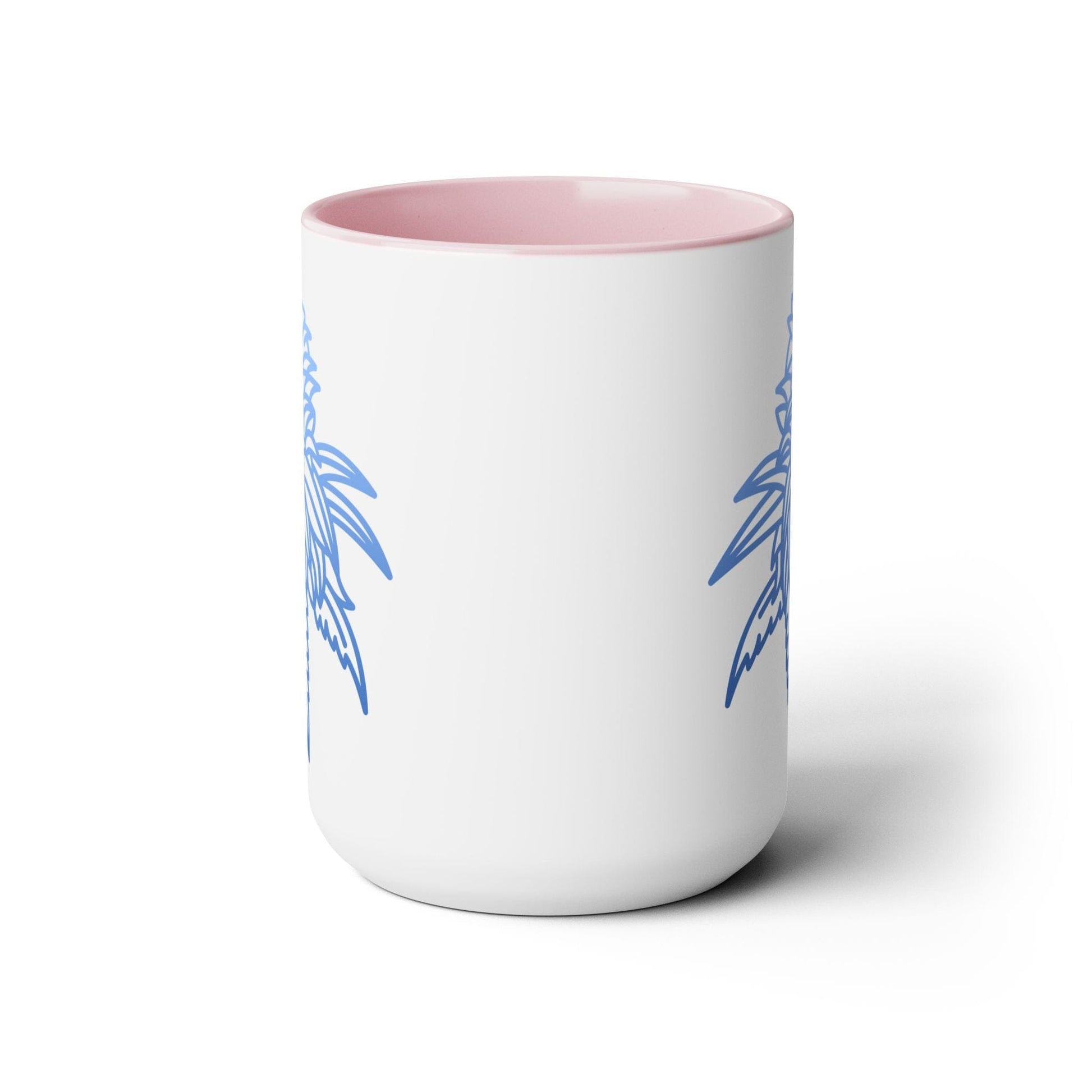 The Blue Dream Cannabis Coffee Mug features a white exterior adorned with blue palm tree design