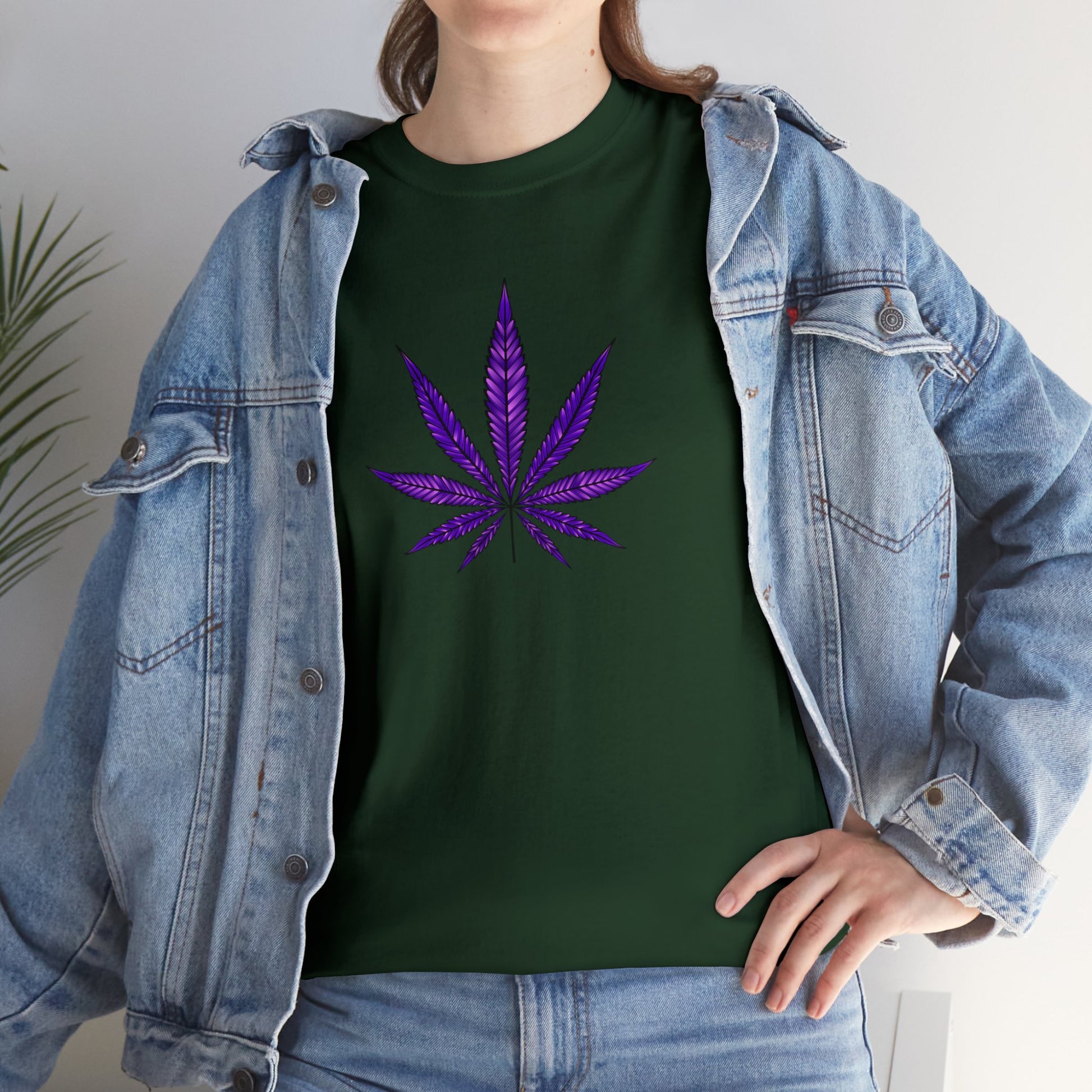 Woman wearing a Purple Cannabis Leaf Tee, layered with an open denim jacket.